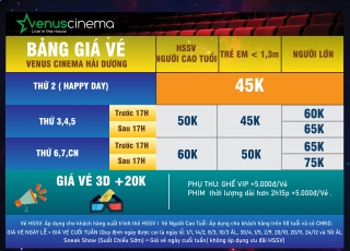 Bảng Giá Vé Rạp Venus Cinema Hải Dương áp dụng từ 01/01/2021
